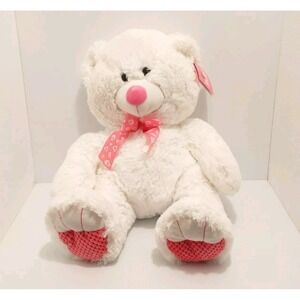 Valentine's White Plush Teddy Bear Lg Pink Ribbon Stuffed Animal Great Gift NWT